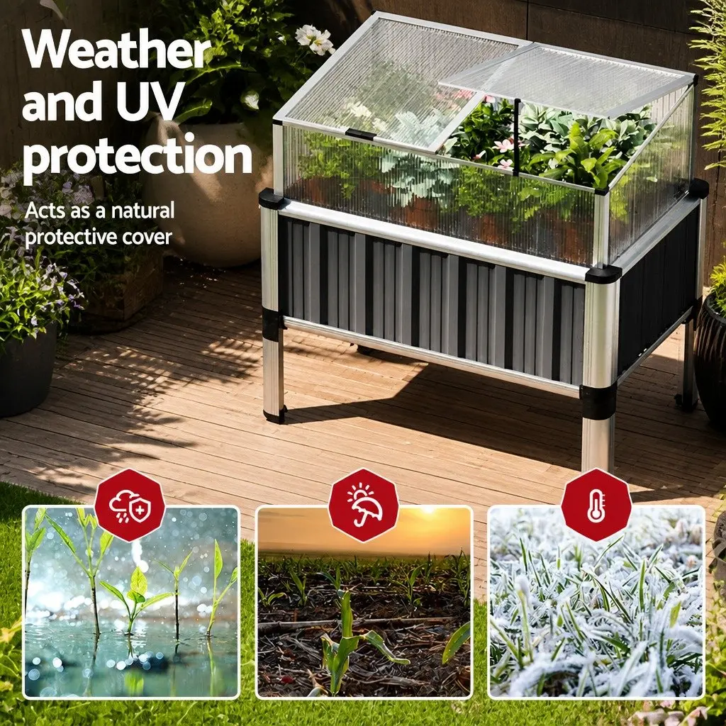 Raised Garden Bed Aluminium Grey 80x49x74cm Polycarbonate Roof Weather Resistant