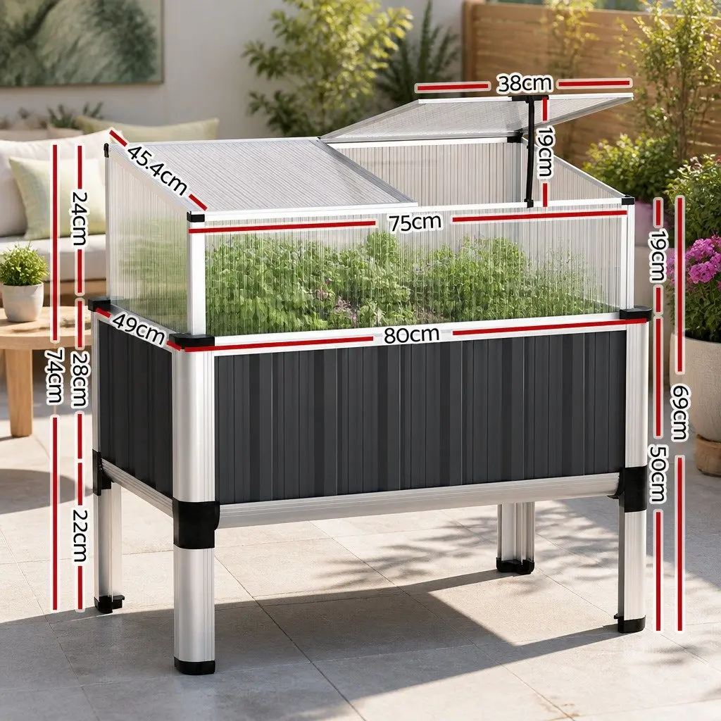 Raised Garden Bed Aluminium Grey 80x49x74cm Integrated Greenhouse Protection