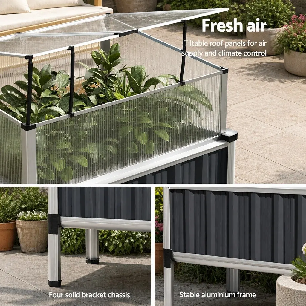 Raised Garden Bed Aluminium Grey 80x49x74cm Integrated Greenhouse Protection