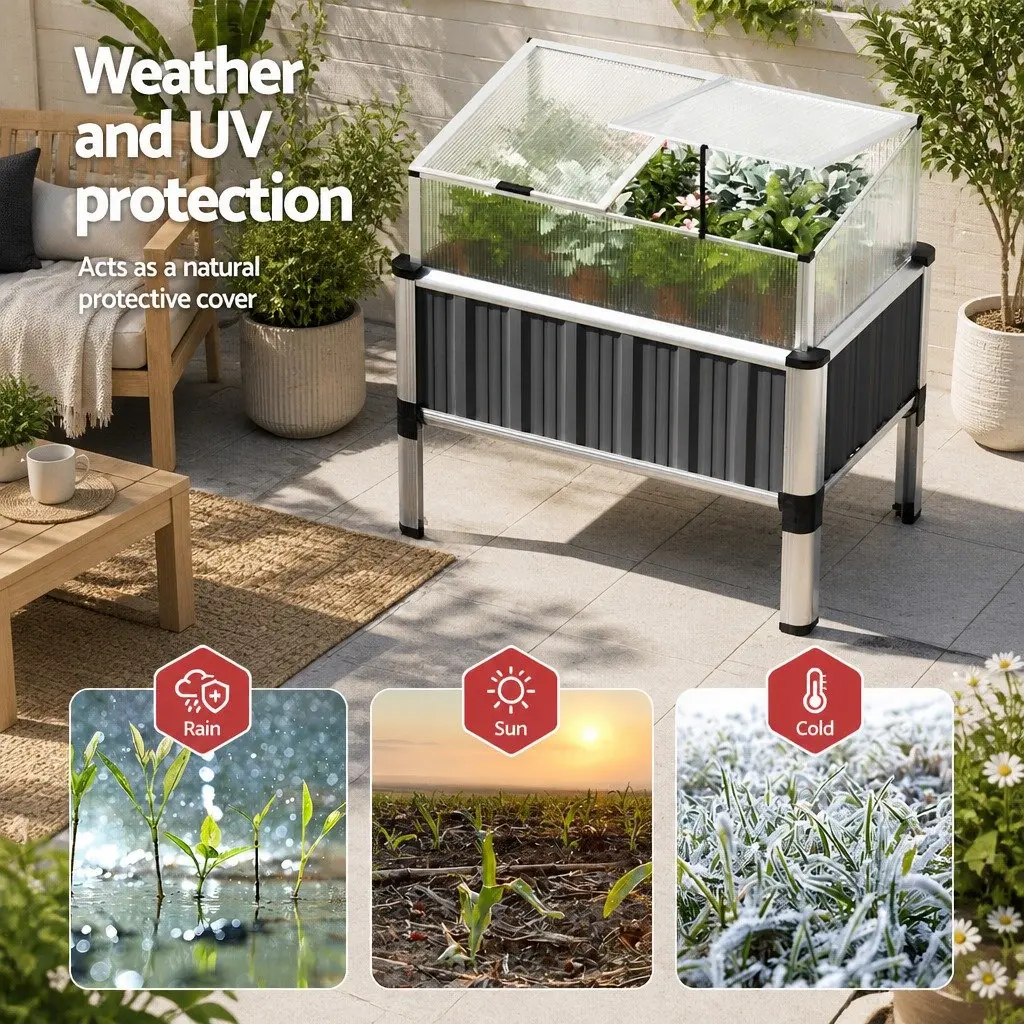 Raised Garden Bed Aluminium Grey 80x49x74cm Integrated Greenhouse Protection