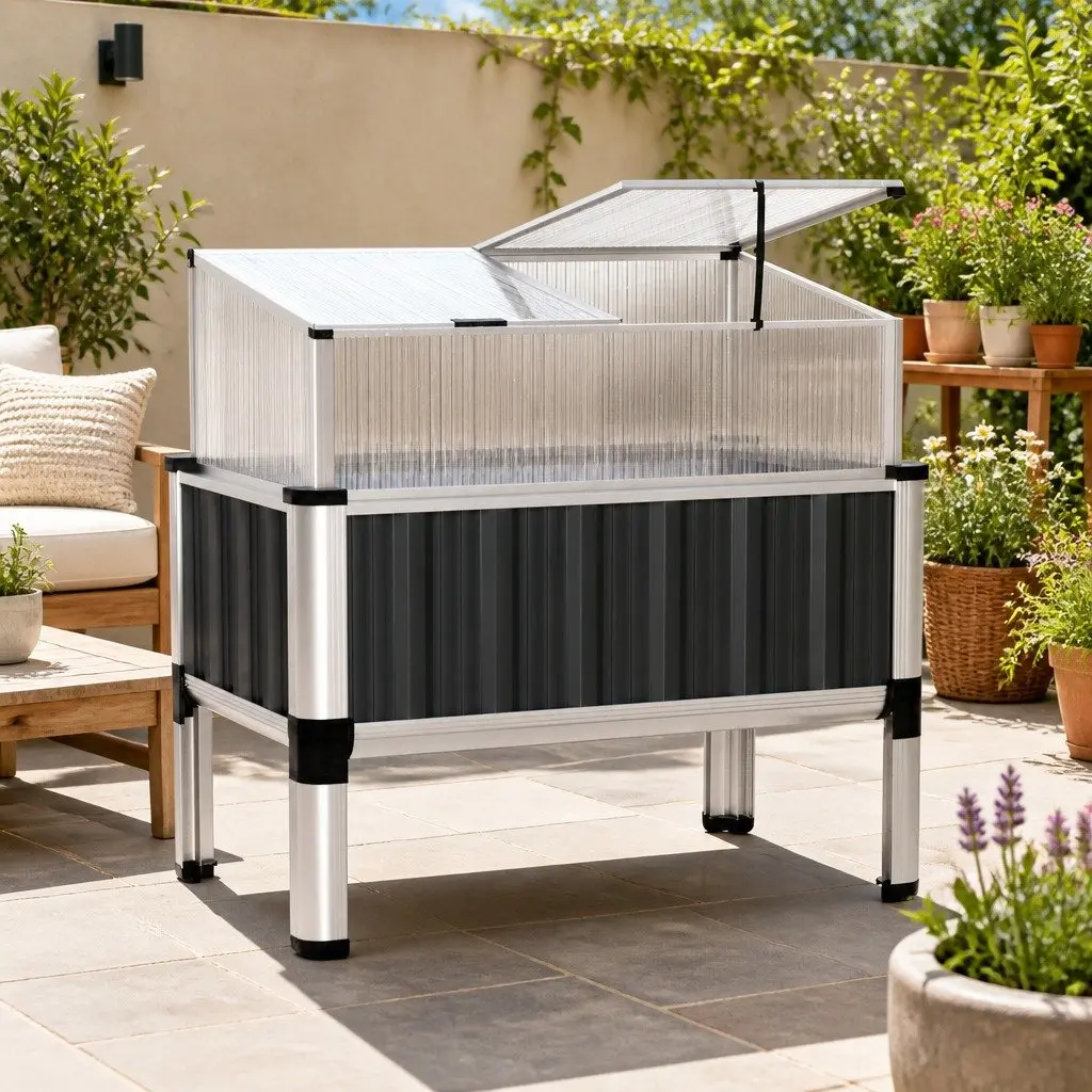 Raised Garden Bed Aluminium Grey 80x49x74cm Integrated Greenhouse Protection