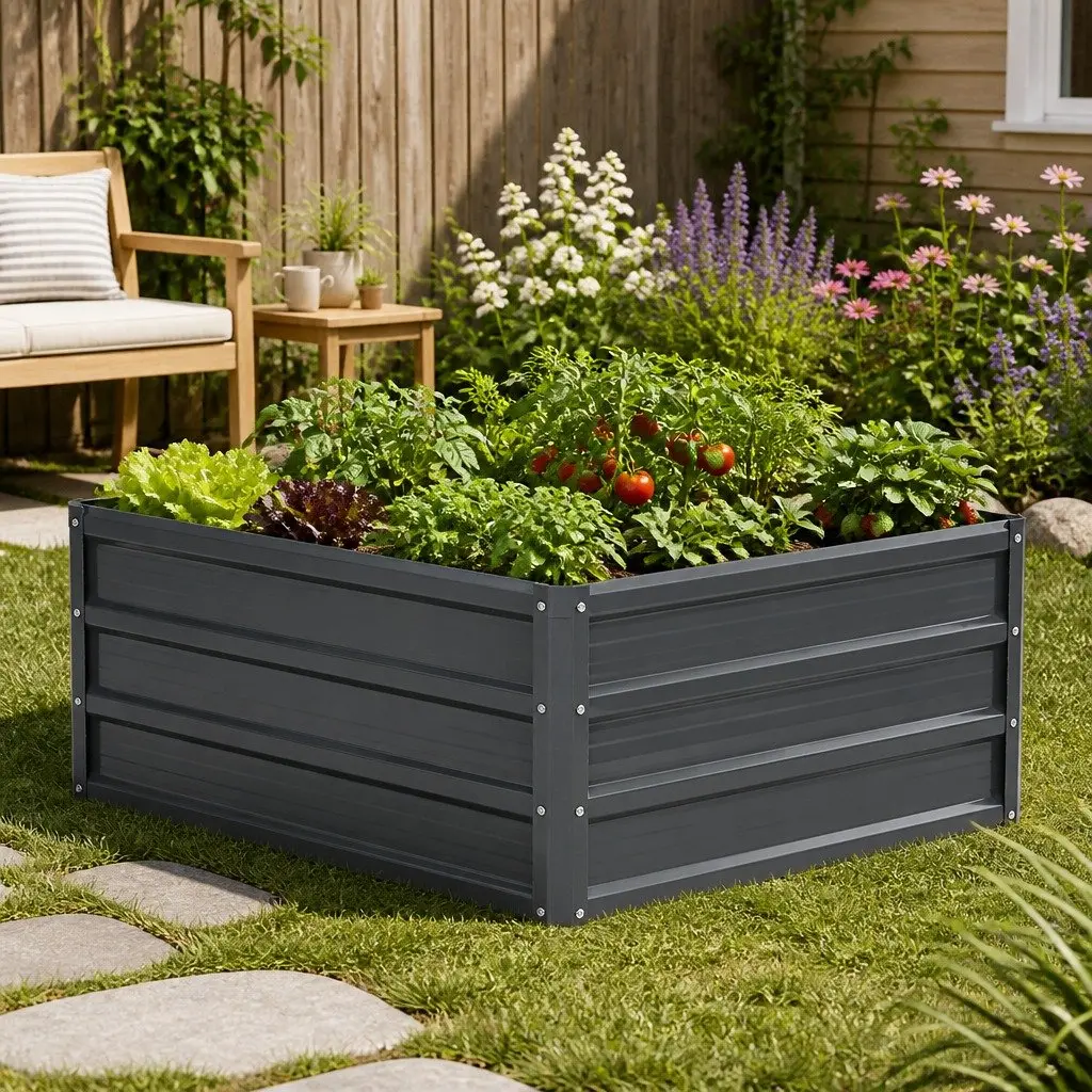 Raised Garden Bed Aluminium Grey 130x130x46cm Galvanised Steel Container 2 Pack