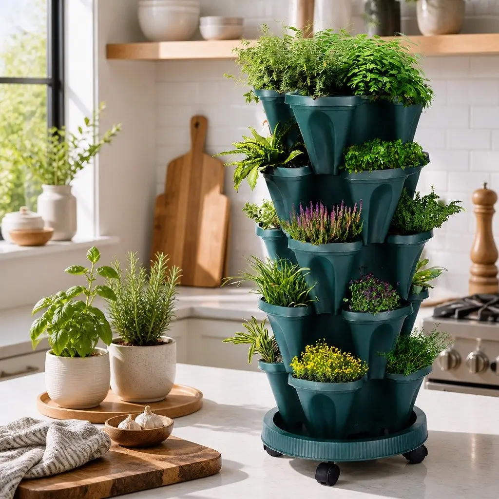 5 Tier Stackable Vertical Garden Planter Dark Green Indoor Outdoor Automatic Drainage