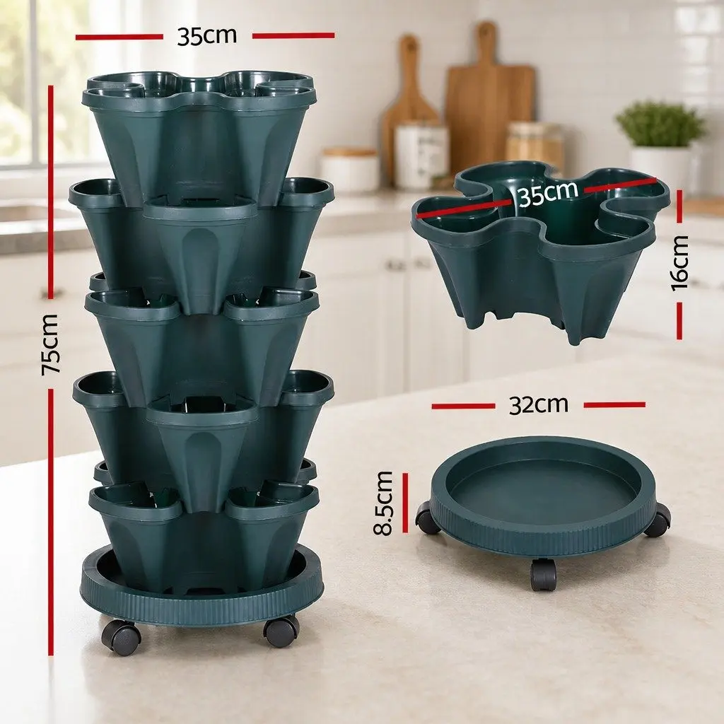 5 Tier Stackable Vertical Garden Planter Dark Green Indoor Outdoor Automatic Drainage