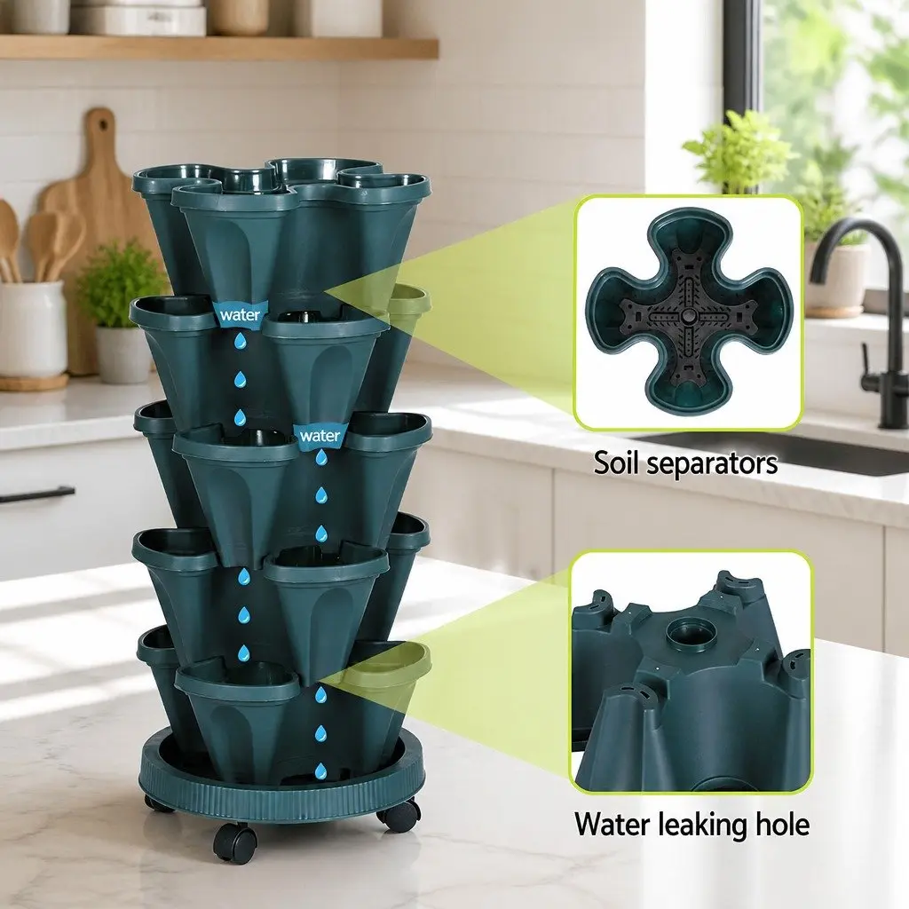 5 Tier Stackable Vertical Garden Planter Dark Green Indoor Outdoor Automatic Drainage