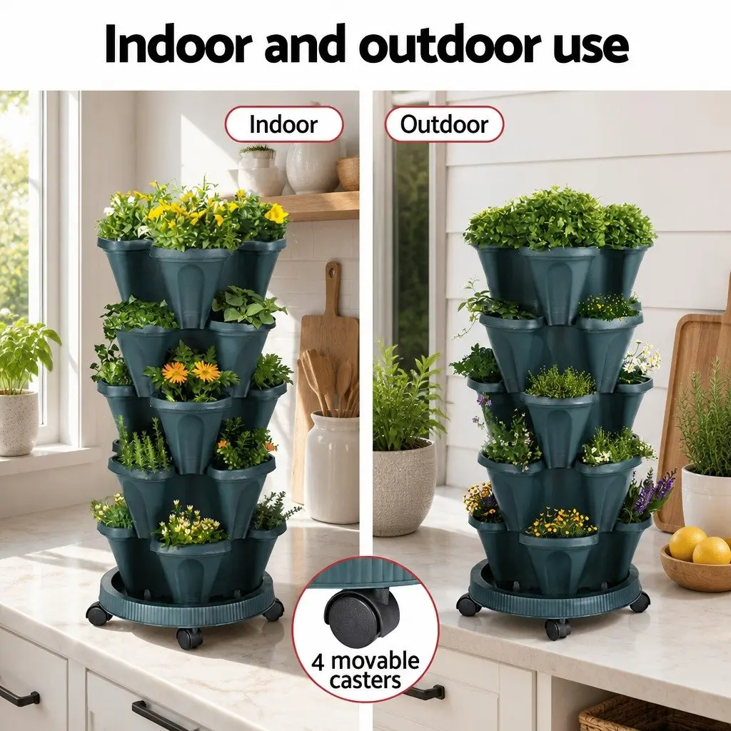 5 Tier Stackable Vertical Garden Planter Dark Green Indoor Outdoor Automatic Drainage