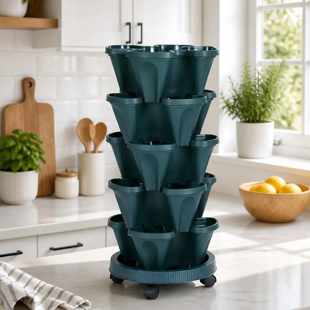 5 Tier Stackable Vertical Garden Planter Dark Green Indoor Outdoor Automatic Drainage