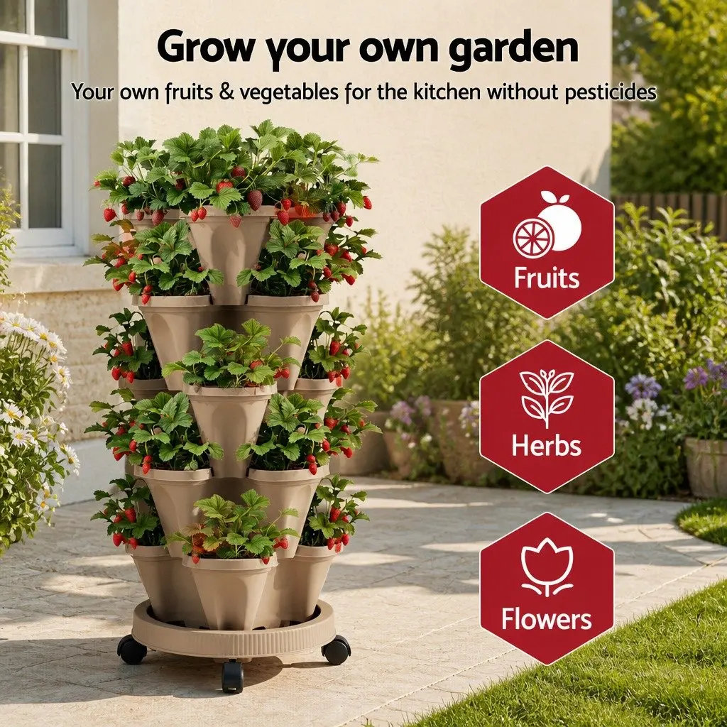 5 Tier Stackable Vertical Garden Bed Planter Tan Indoor Outdoor Automatic Drainage System