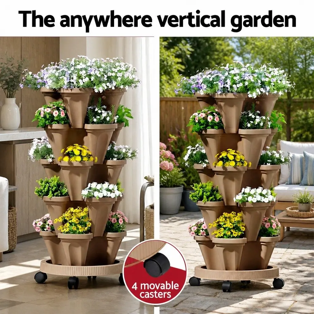 5 Tier Stackable Vertical Garden Bed Planter Tan Indoor Outdoor Automatic Drainage System