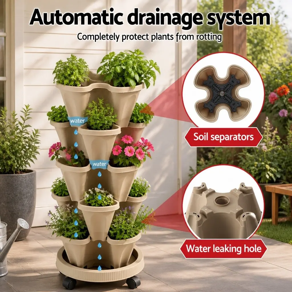 5 Tier Stackable Vertical Garden Bed Planter Tan Indoor Outdoor Automatic Drainage System