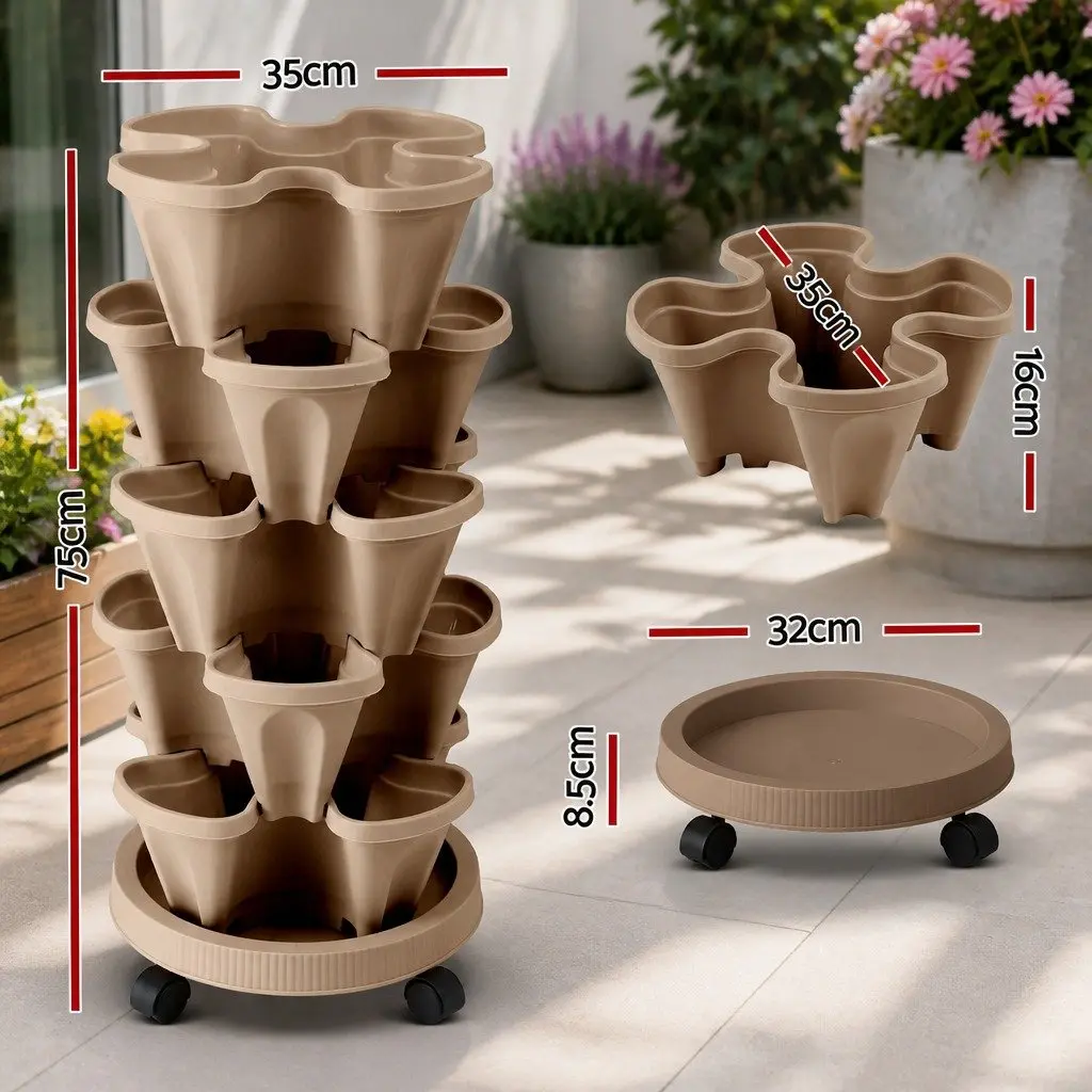 5 Tier Stackable Vertical Garden Bed Planter Tan Indoor Outdoor Automatic Drainage System