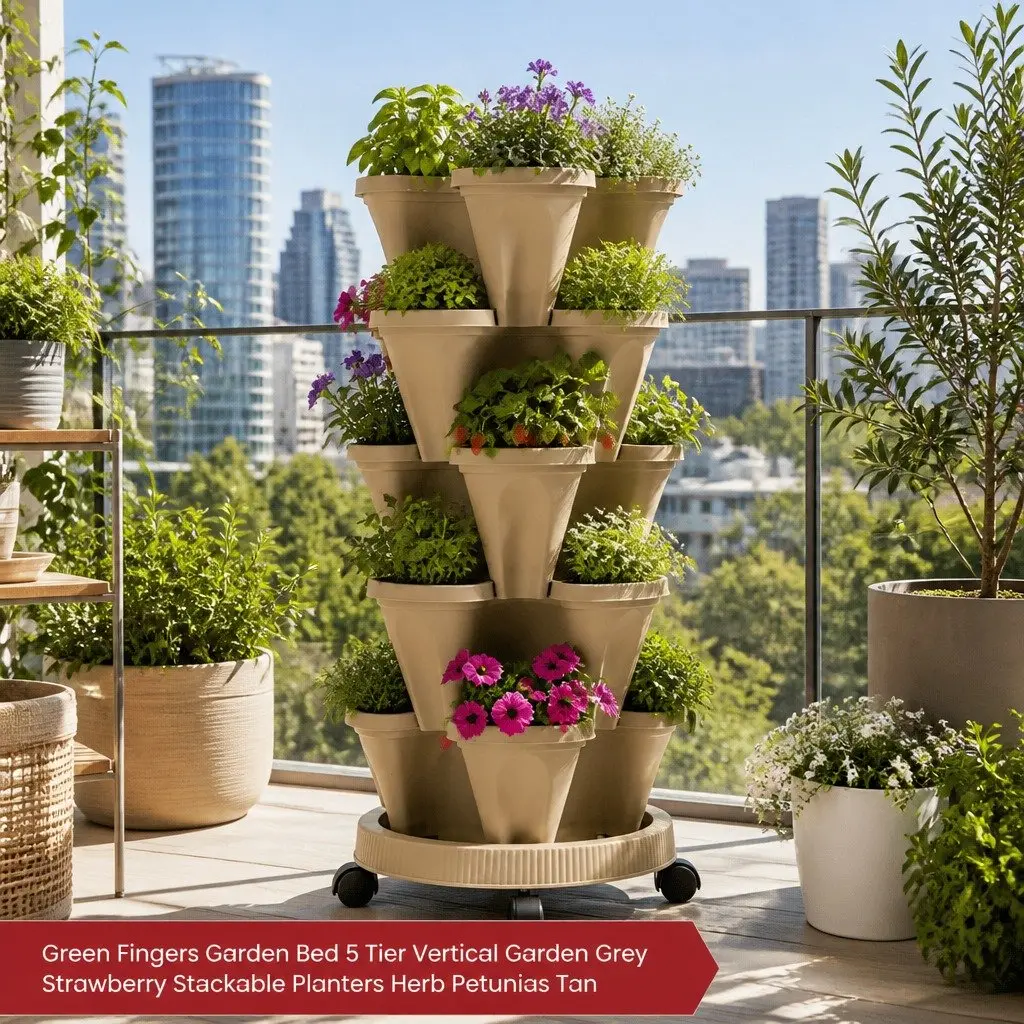 5 Tier Stackable Vertical Garden Bed Planter Tan Indoor Outdoor Automatic Drainage System