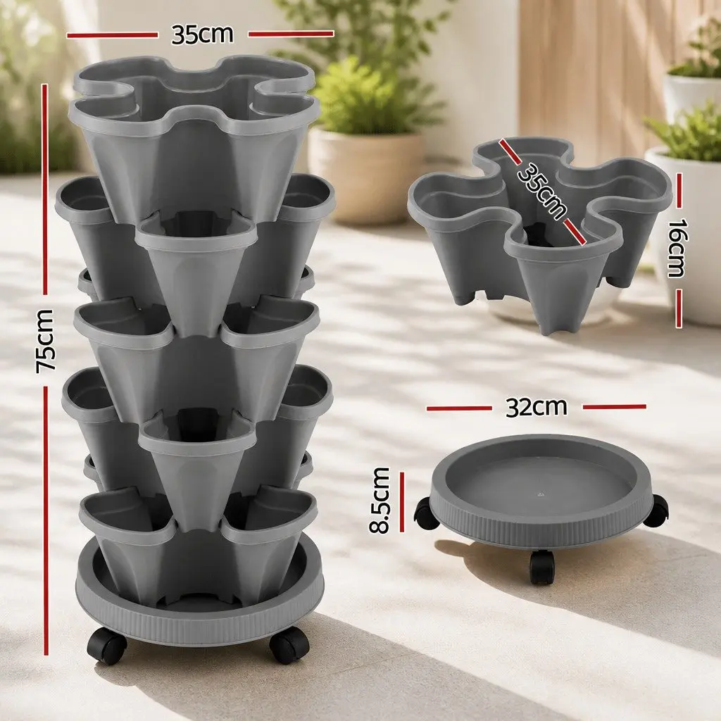 5-Tier Vertical Stackable Garden Planters Grey Indoor Outdoor Strawberry Herbs