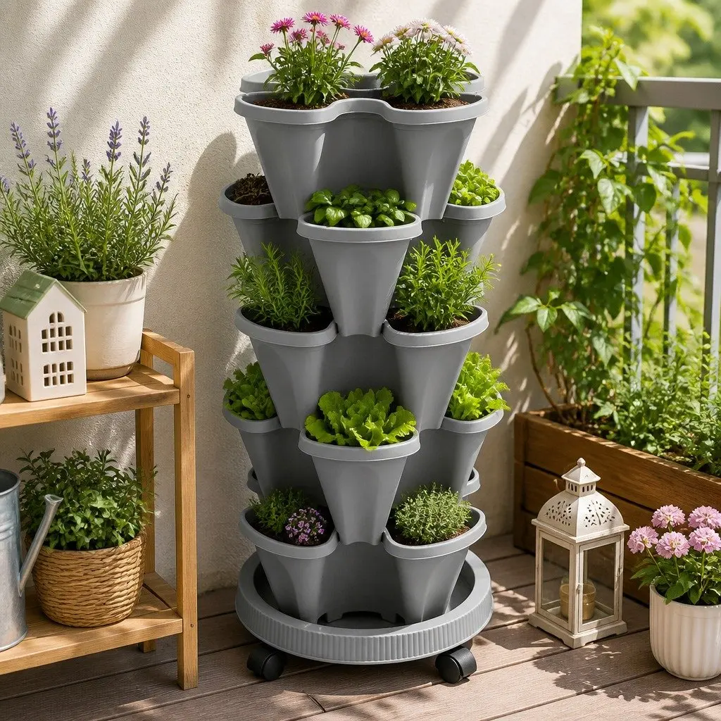 5-Tier Vertical Stackable Garden Planters Grey Indoor Outdoor Strawberry Herbs