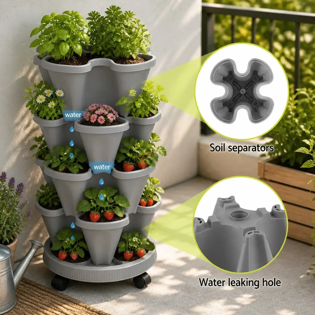 5-Tier Vertical Stackable Garden Planters Grey Indoor Outdoor Strawberry Herbs