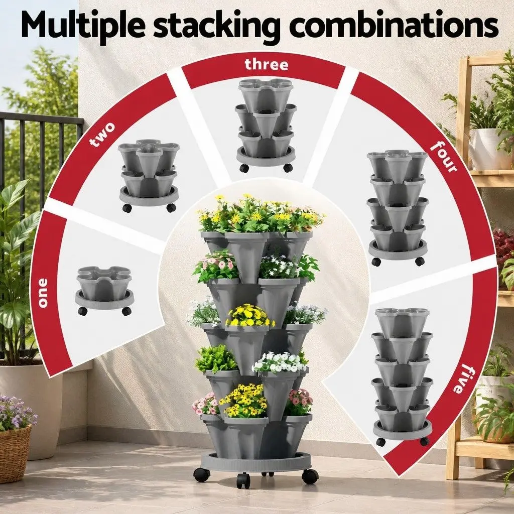 5-Tier Vertical Stackable Garden Planters Grey Indoor Outdoor Strawberry Herbs