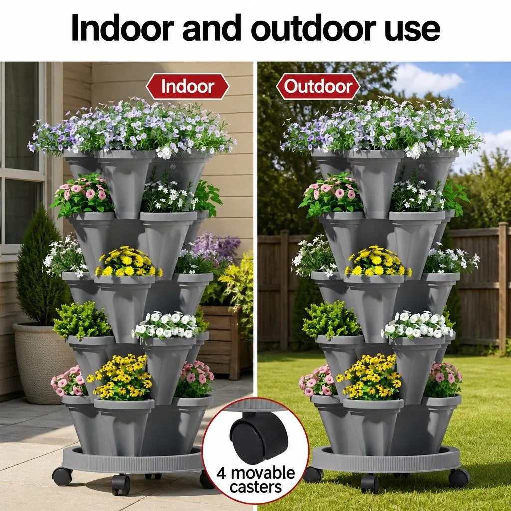 5-Tier Vertical Stackable Garden Planters Grey Indoor Outdoor Strawberry Herbs