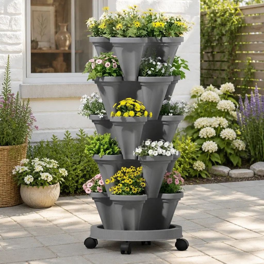 5-Tier Vertical Stackable Garden Planters Grey Indoor Outdoor Strawberry Herbs