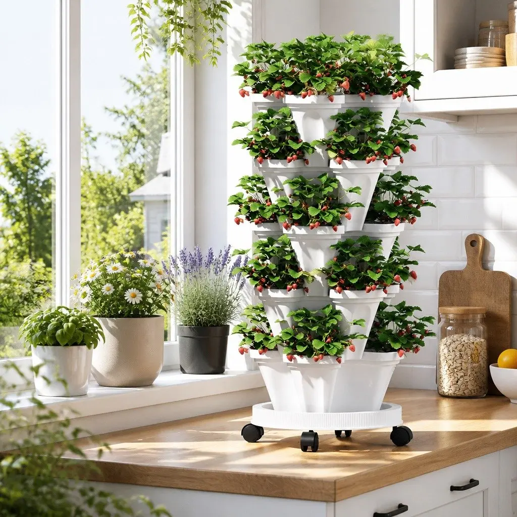 5 Tier White Stackable Strawberry Planter Vertical Garden Bed with Automatic Drainage System