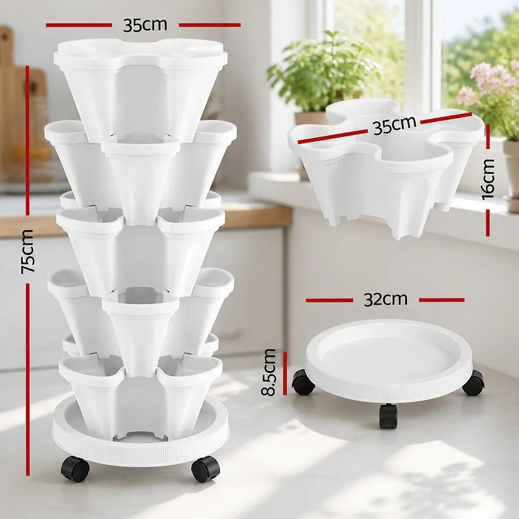 5 Tier White Stackable Strawberry Planter Vertical Garden Bed with Automatic Drainage System