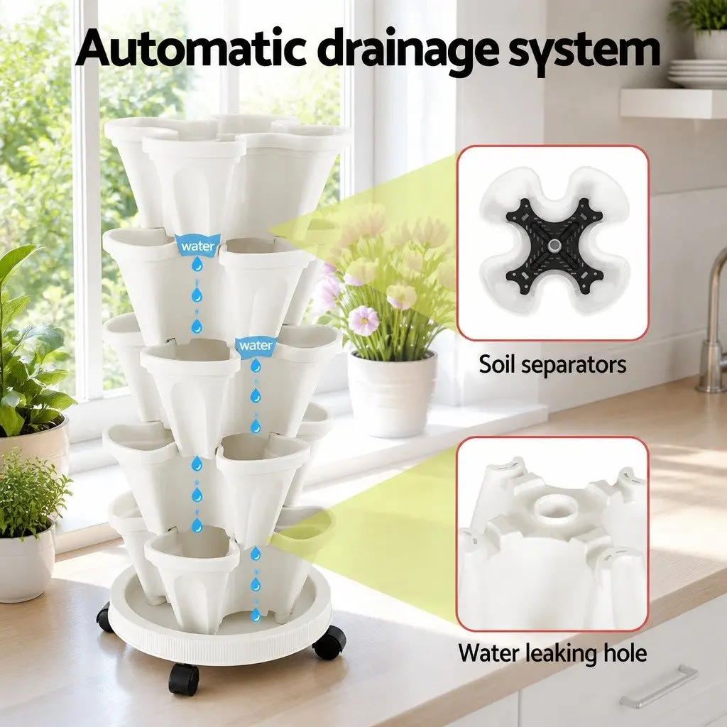 5 Tier White Stackable Strawberry Planter Vertical Garden Bed with Automatic Drainage System