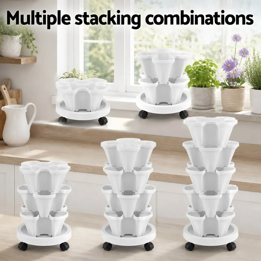 5 Tier White Stackable Strawberry Planter Vertical Garden Bed with Automatic Drainage System