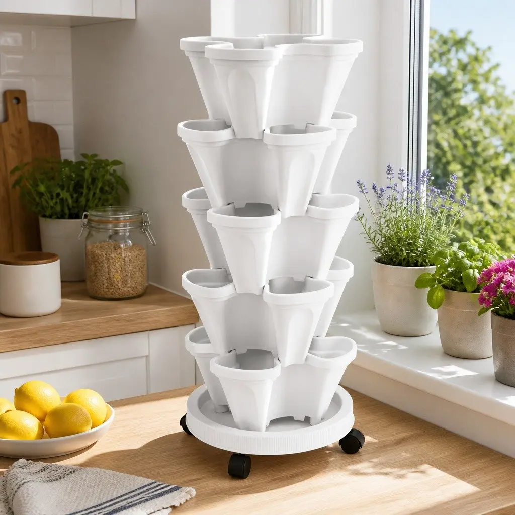 5 Tier White Stackable Strawberry Planter Vertical Garden Bed with Automatic Drainage System