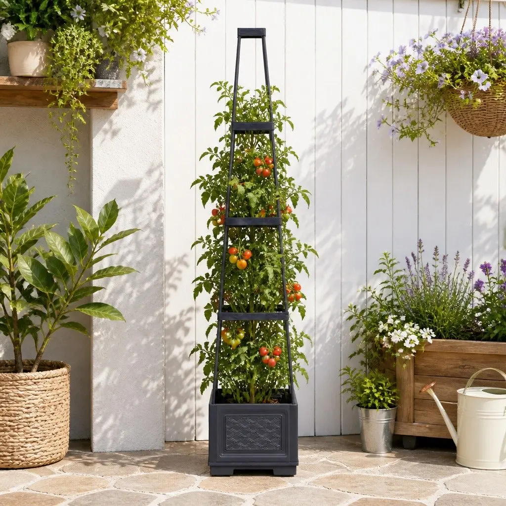 Self Watering Vertical Planter Tower Grey 140cm 4 Layer Modular Garden Bed