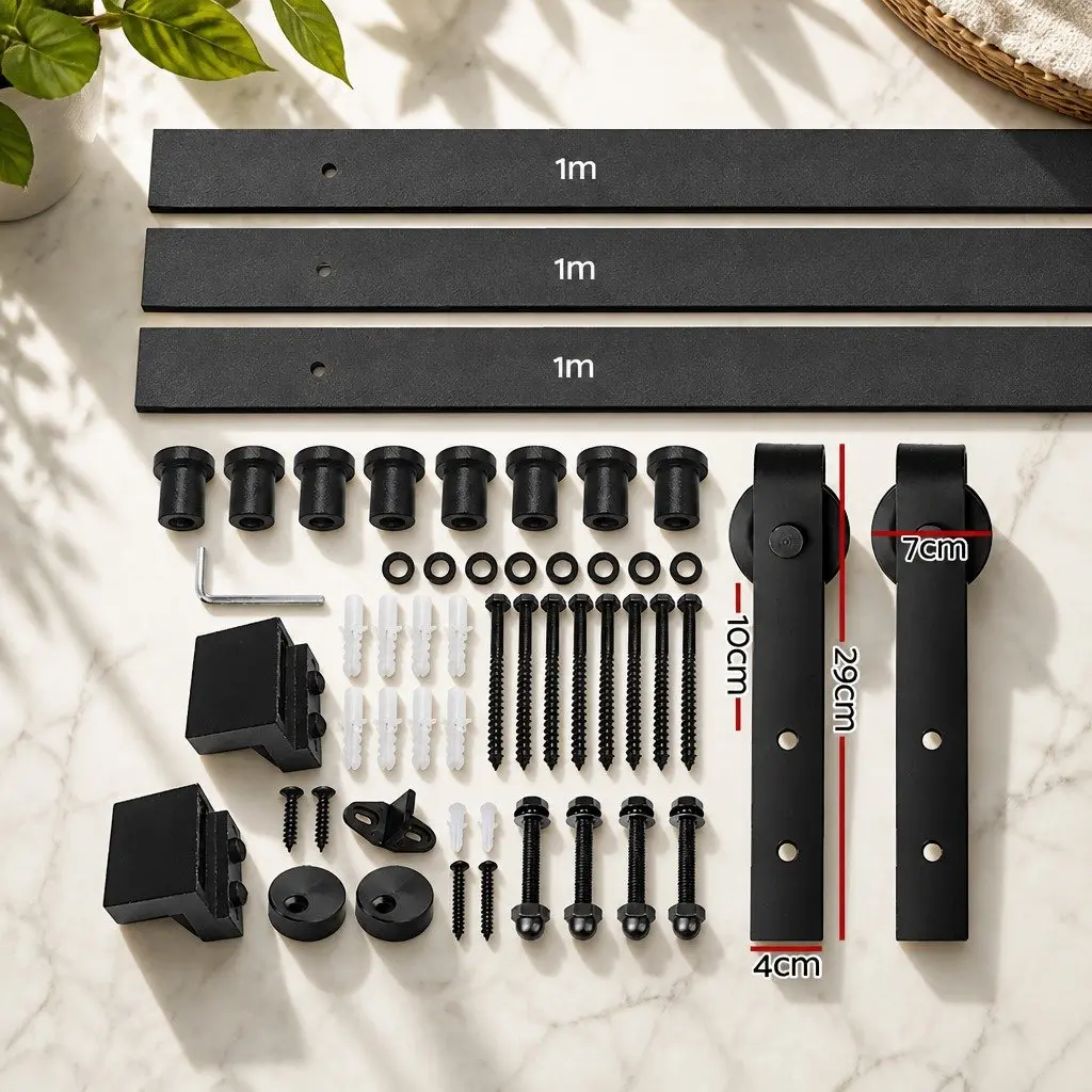 Sliding Barn Door Hardware Track Set Black 3m Steel Rail Rollers Floor Guide