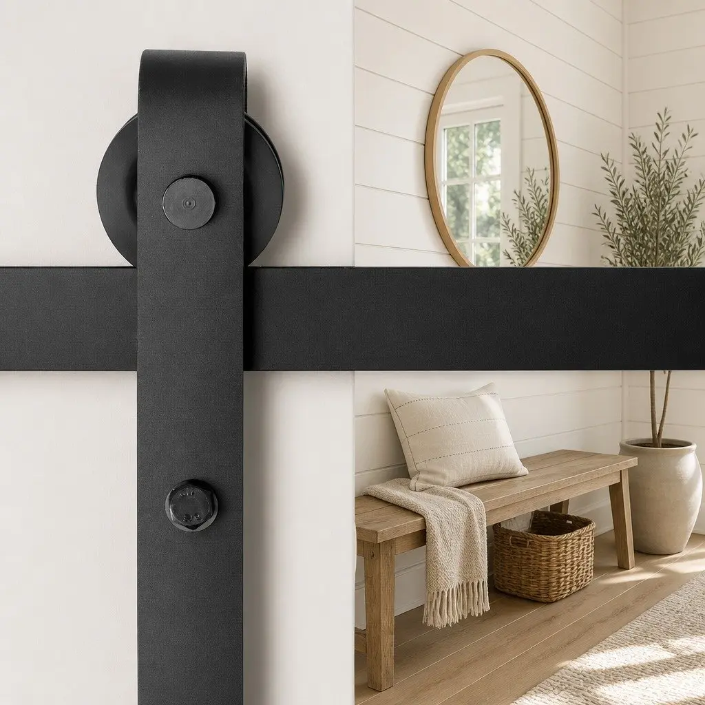 Sliding Barn Door Hardware Track Set Black 3m Steel Rail Rollers Floor Guide