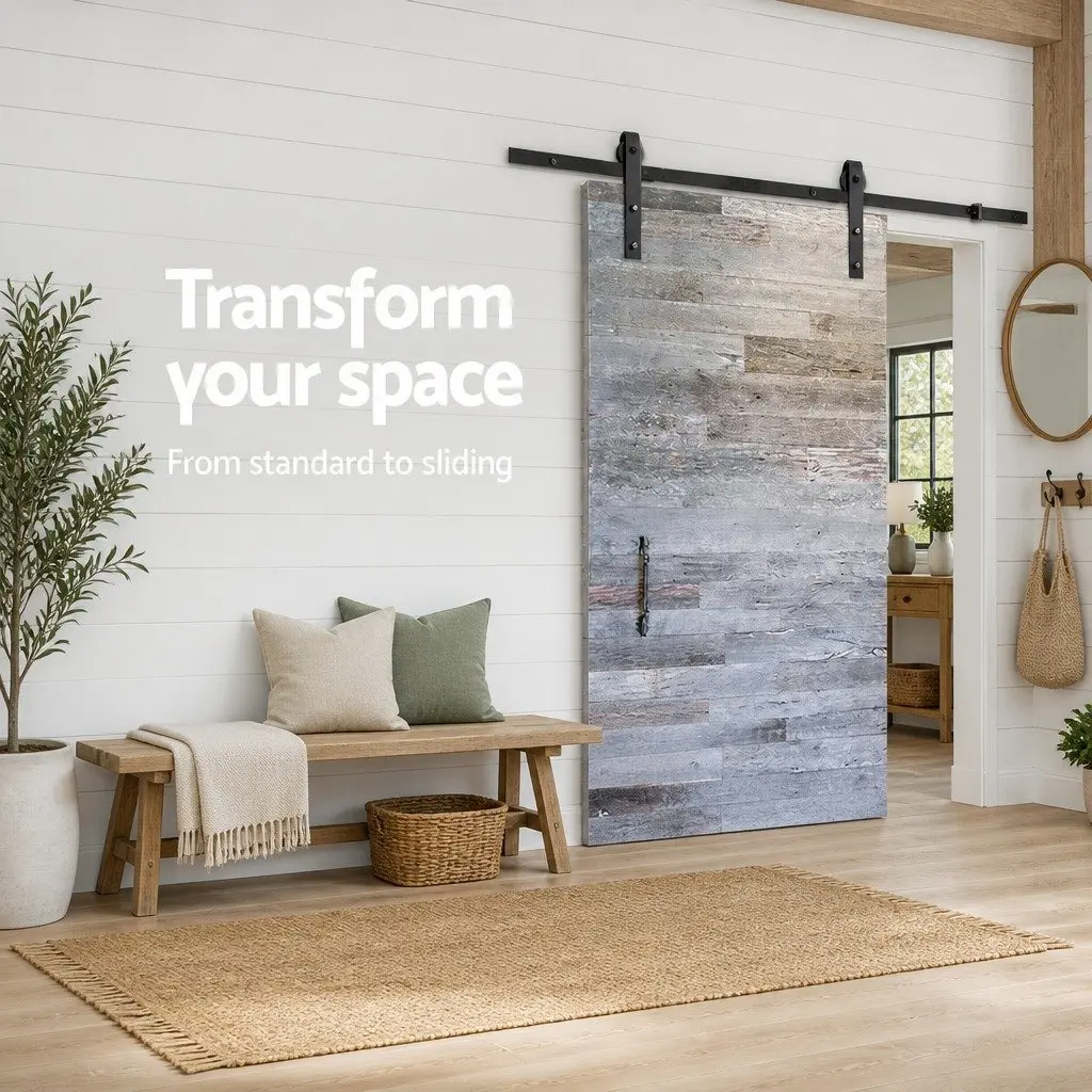 Sliding Barn Door Hardware Track Set Black 3m Steel Rail Rollers Floor Guide