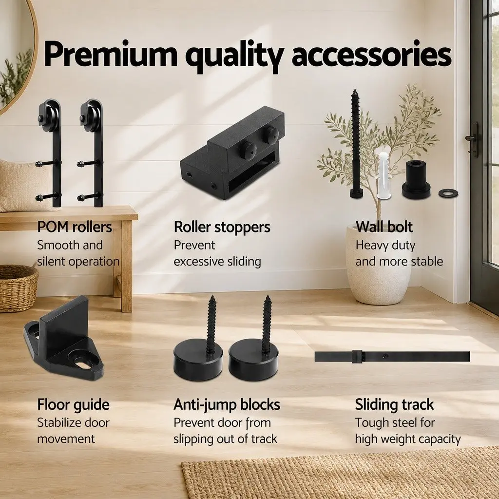 Sliding Barn Door Hardware Track Set Black 3m Steel Rail Rollers Floor Guide