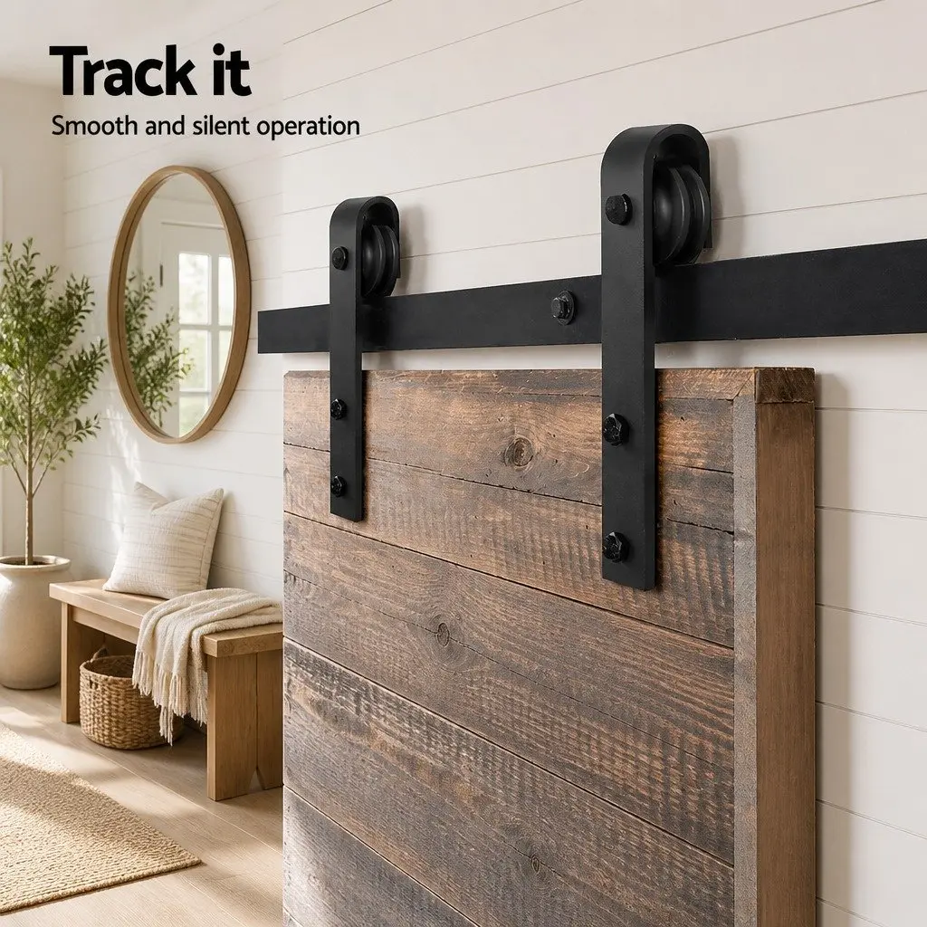 Sliding Barn Door Hardware Track Set Black 3m Steel Rail Rollers Floor Guide