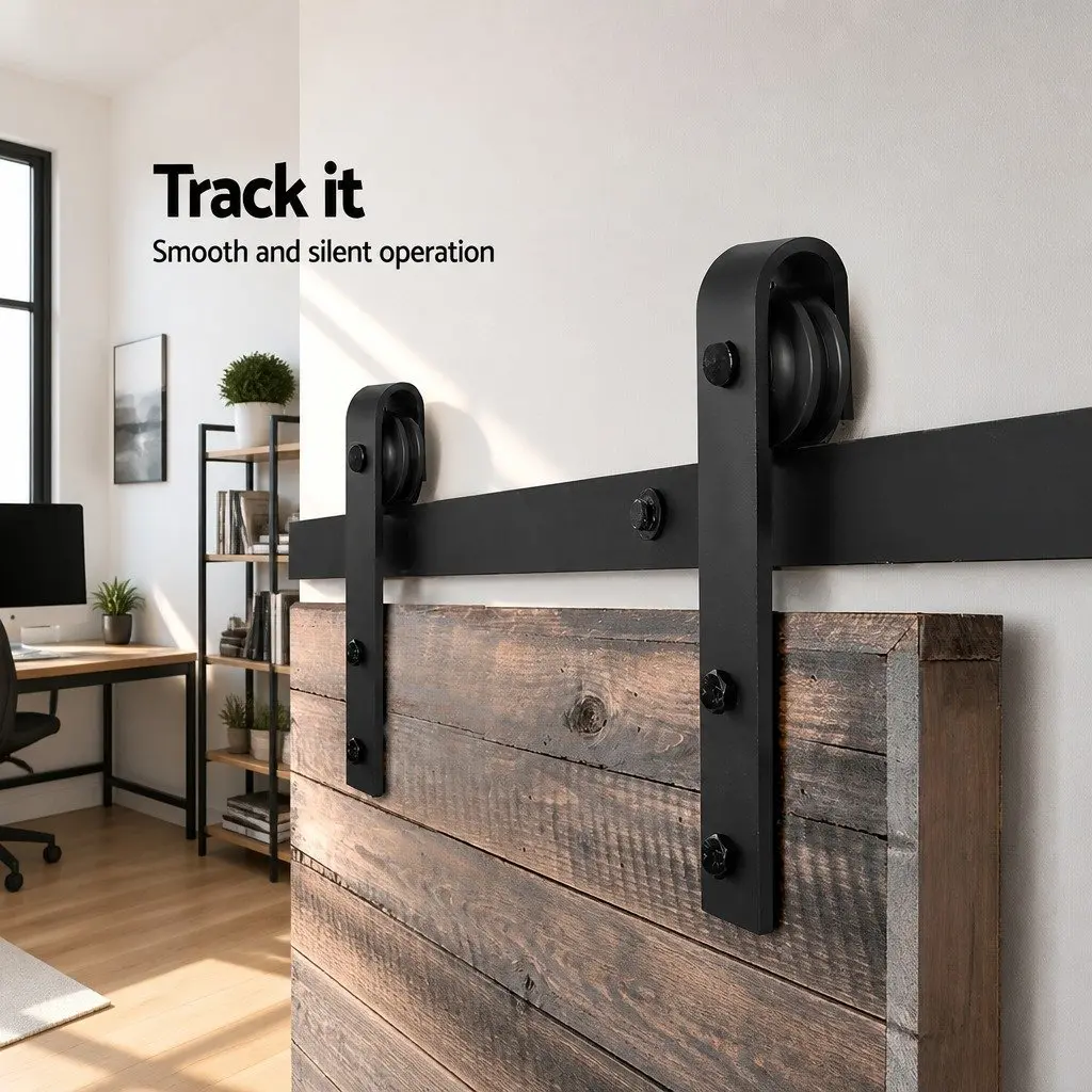 Sliding Barn Door Hardware Track Set Black 3.66m Sliding Roller Mechanism
