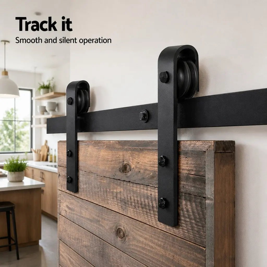 Sliding Barn Door Hardware Track Set Black 4M Steel Roller Kit with Floor Guide