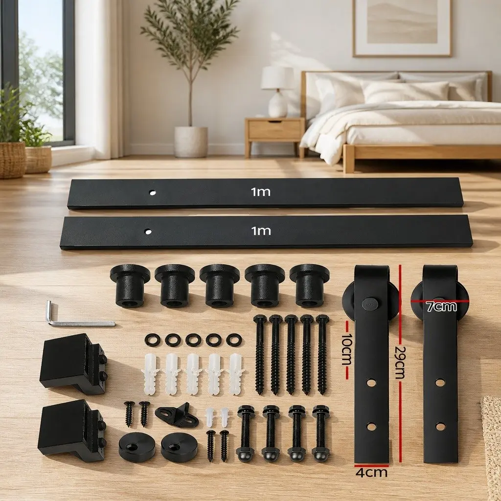 Sliding Barn Door Hardware Track Set Black Steel 2m Smooth Rolling Mechanism