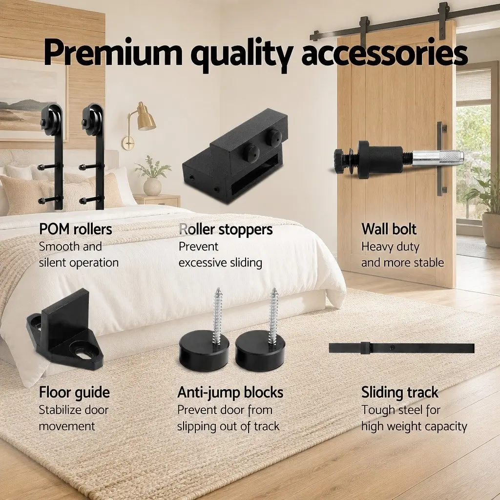 Sliding Barn Door Hardware Track Set Black Steel 2m Smooth Rolling Mechanism