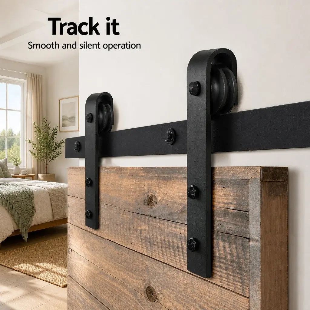 Sliding Barn Door Hardware Track Set Black Steel 2m Smooth Rolling Mechanism