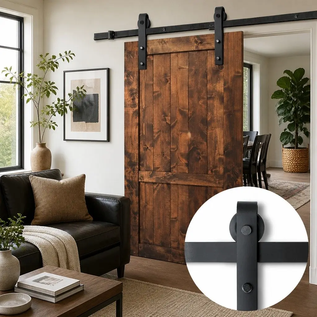 Sliding Barn Door Hardware Track Set Black Steel 2m Smooth Rolling Mechanism