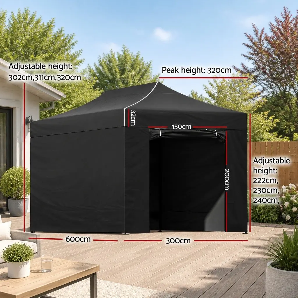 Pop Up Gazebo Black 3x6m Portable Folding Marquee Tent UV Water Resistant Steel Frame