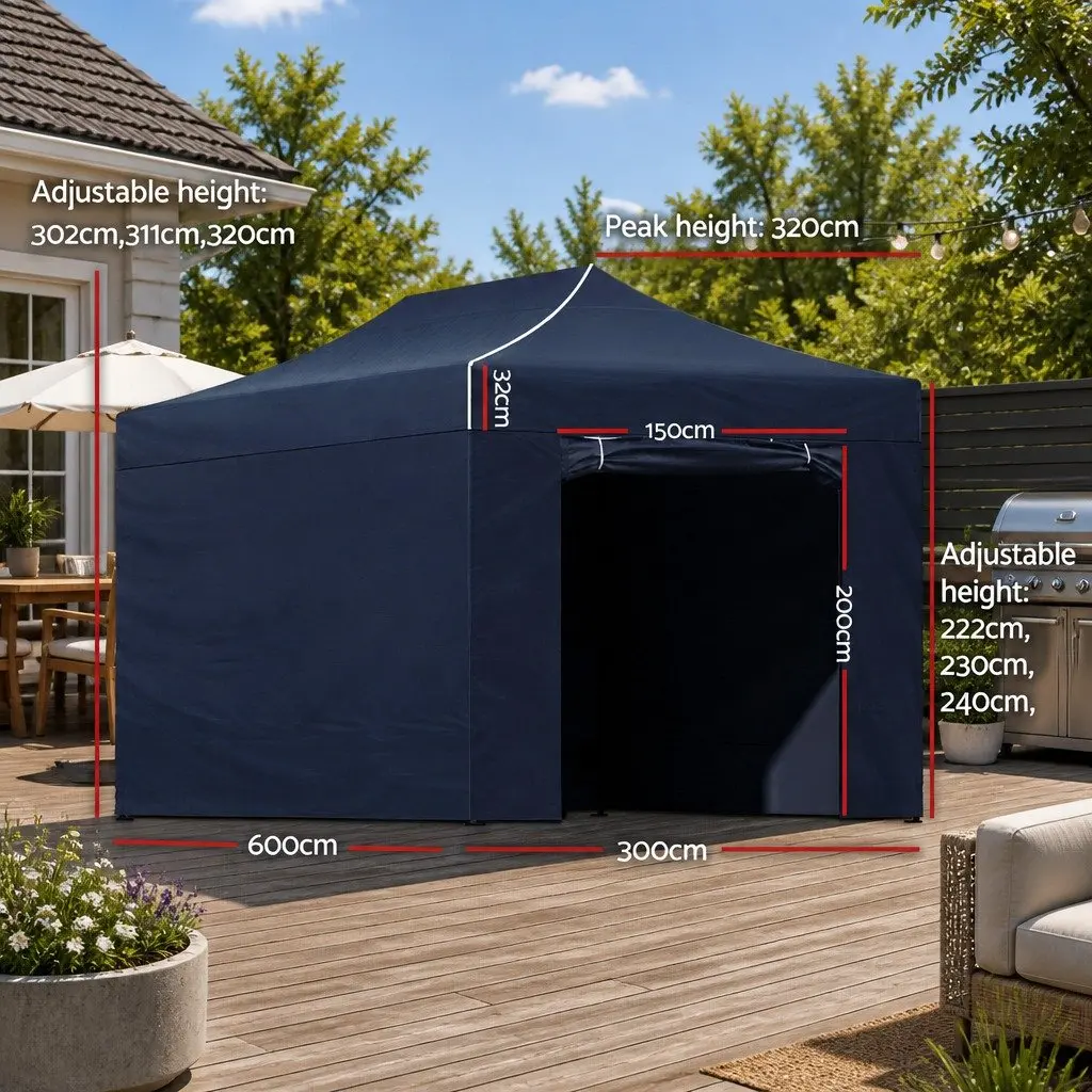 Pop Up Gazebo Canopy Black 3x6m Portable Folding Tent with Adjustable Height for Outdoor Garden Camping