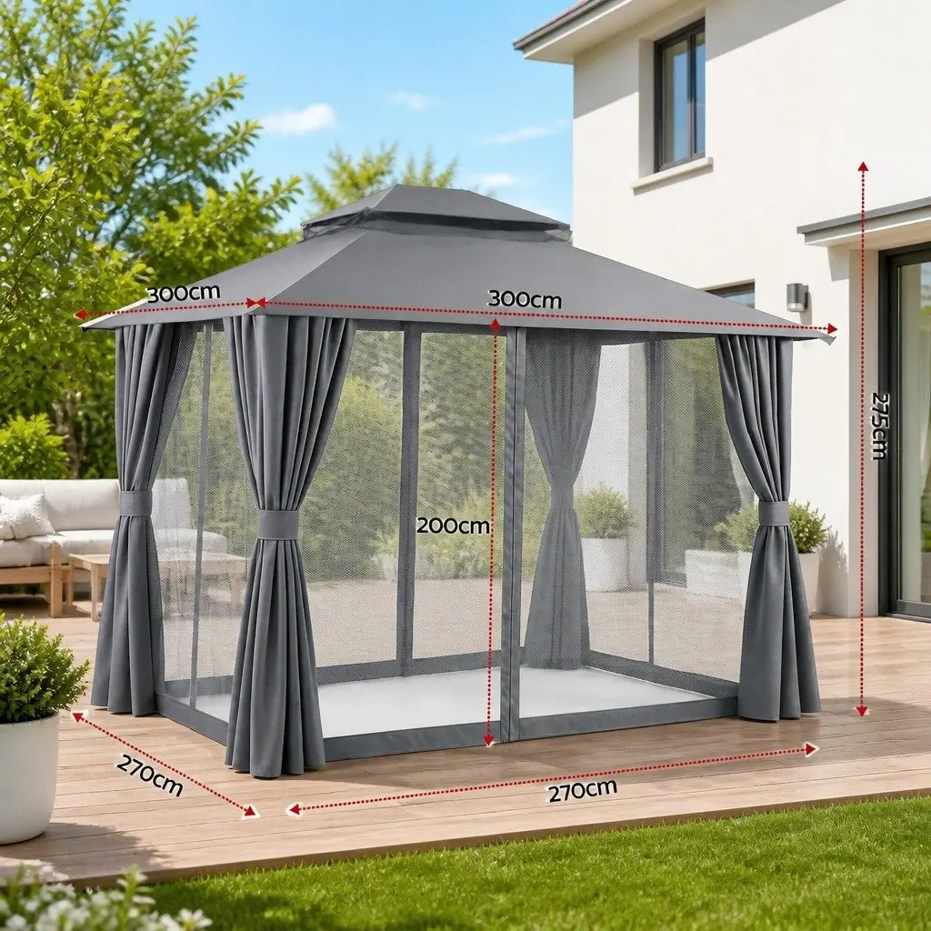 Gazebo Grey 3x3m Outdoor Canopy Steel Frame with Ventilated Double-Roof Curtains and Mosquito Mesh