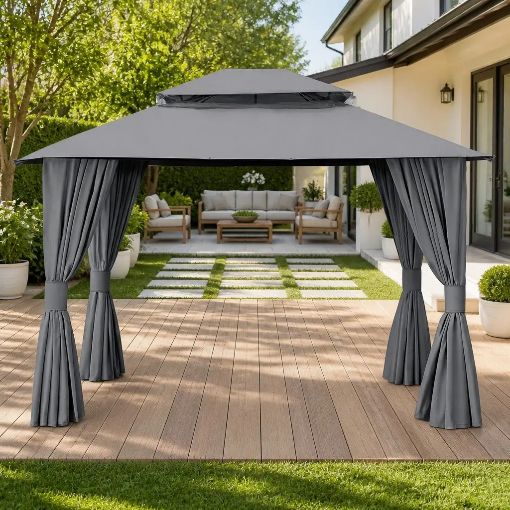 Gazebo Grey 3x3m Outdoor Canopy Steel Frame with Ventilated Double-Roof Curtains and Mosquito Mesh