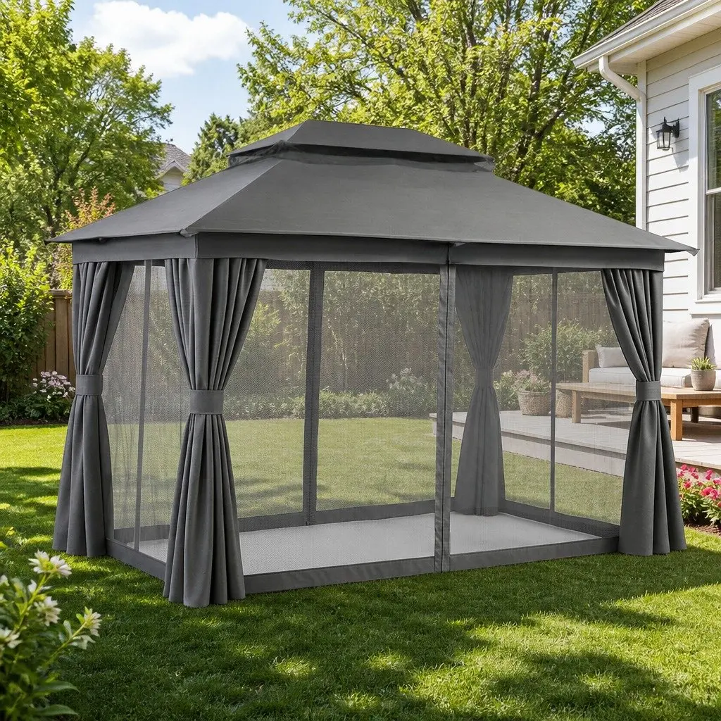 Gazebo 3x4m Canopy Outdoor Steel Frame Patio Tent with Mosquito Mesh Curtains