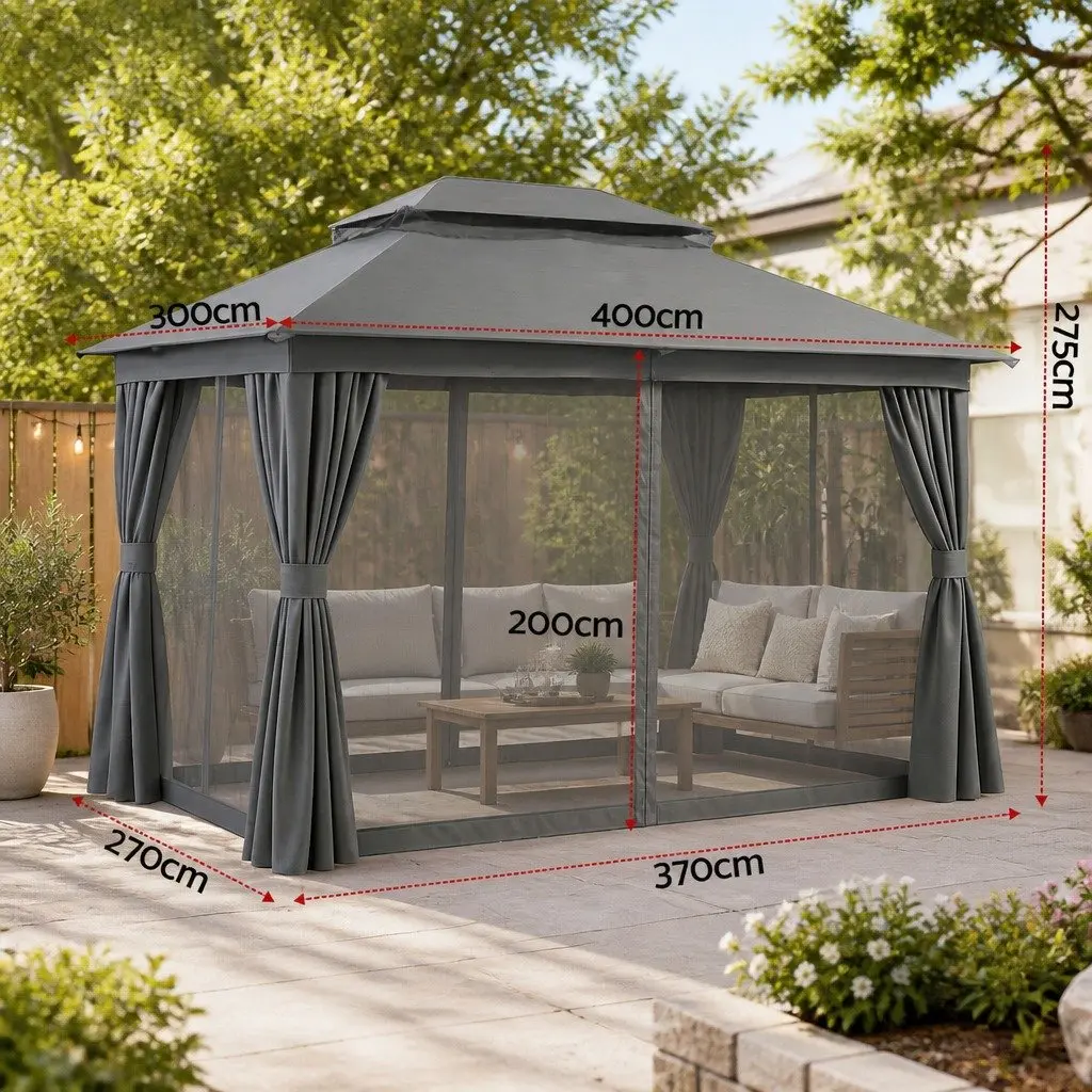 Gazebo Grey 3x4m Outdoor Canopy Steel Frame with Mosquito Mesh Curtains