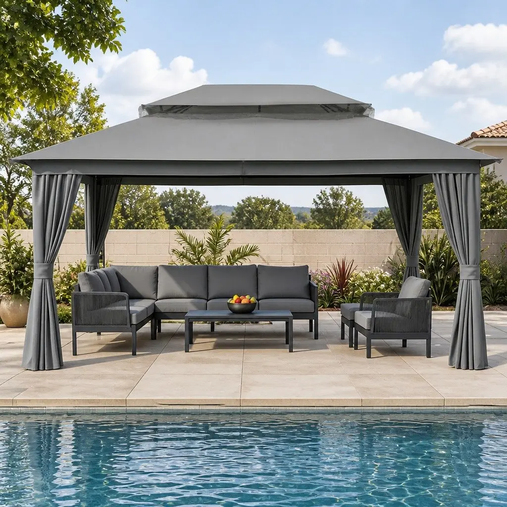 Gazebo Grey 3x4m Outdoor Canopy Steel Frame with Mosquito Mesh Curtains