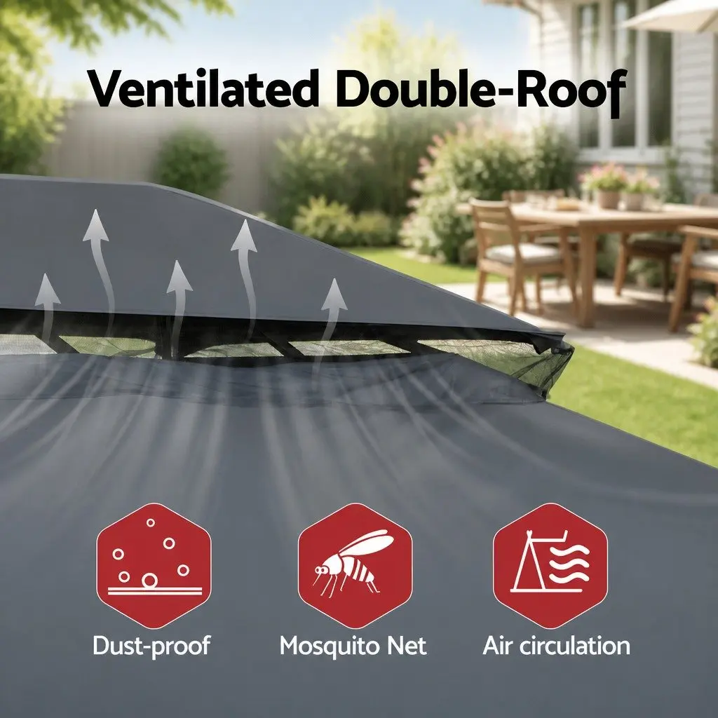 Gazebo Grey 3x4m Outdoor Canopy Steel Frame with Mosquito Mesh Curtains