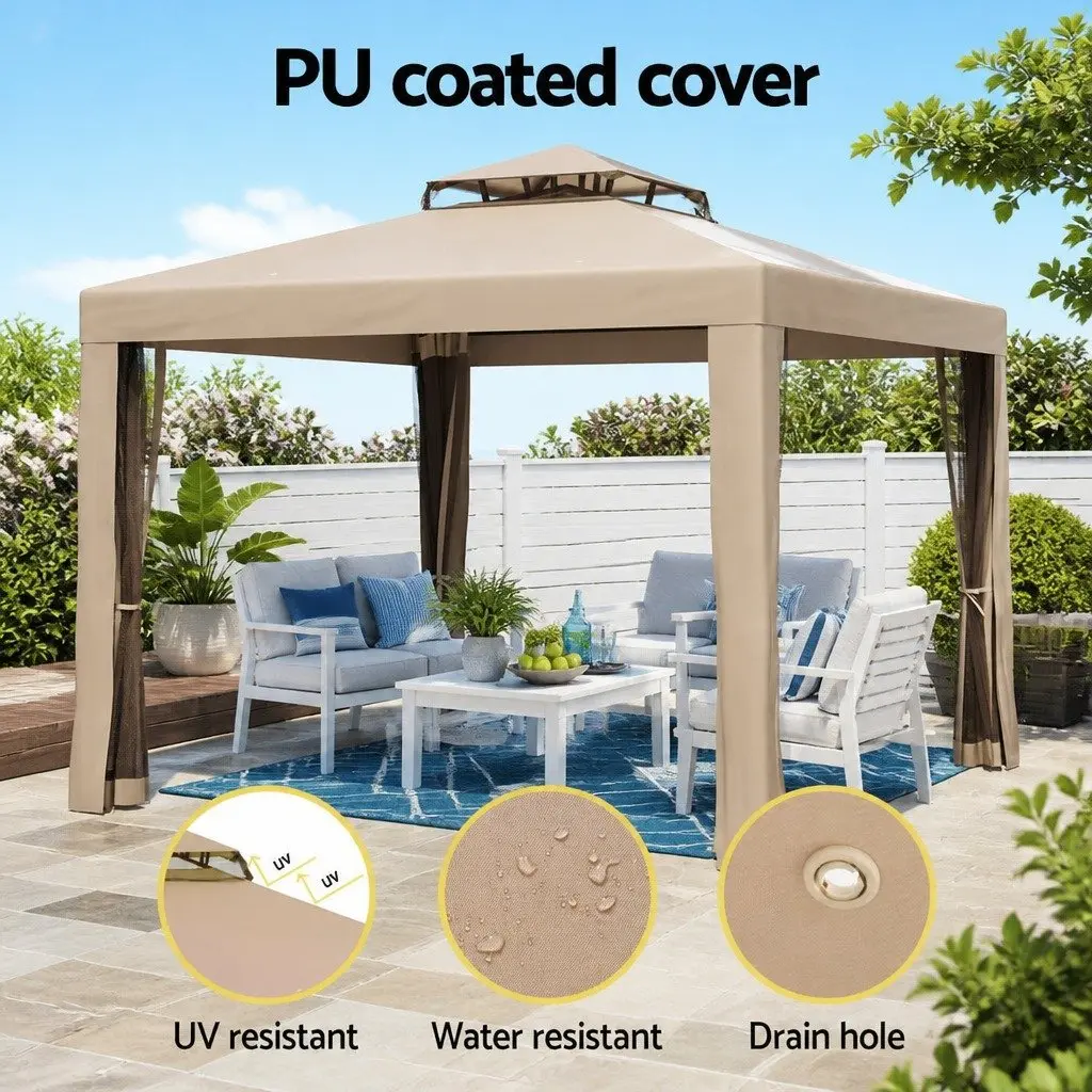 Gazebo Brown 3m Outdoor Event Tent with Mesh Walls for Camping and Parties