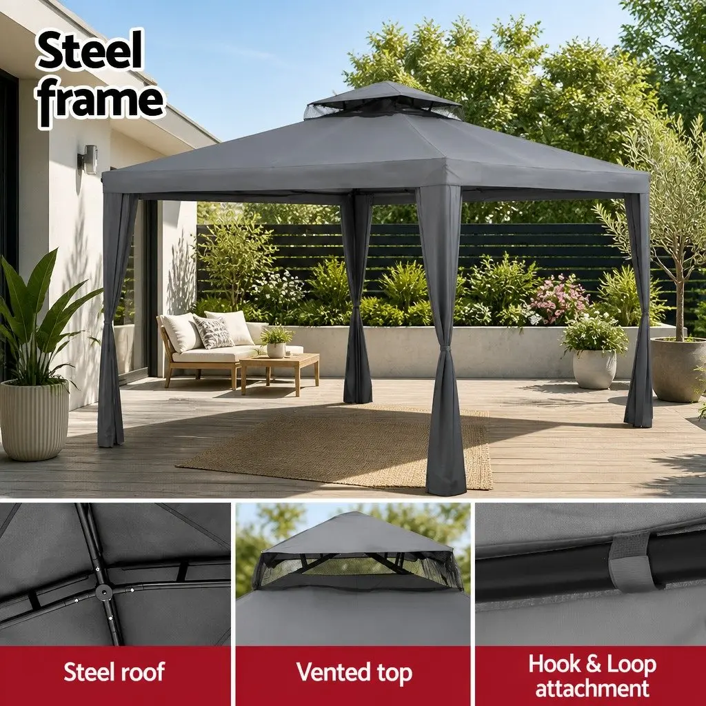 Gazebo Grey 3m Outdoor Event Tent Mesh Wall Canopy