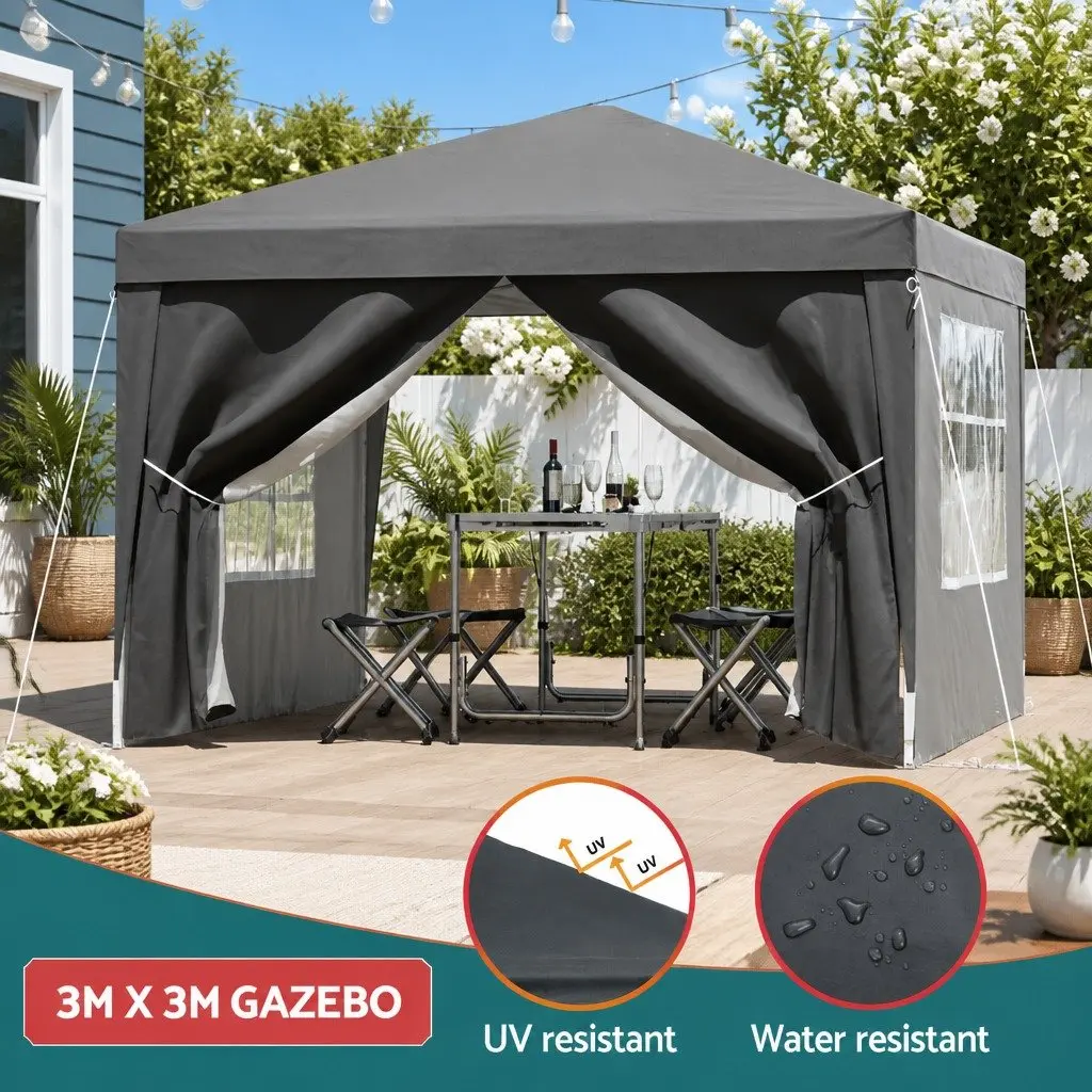 Pop Up Gazebo Gray 3x3m Folding Tent Weather Resistant Quick Assembly Outdoor Canopy